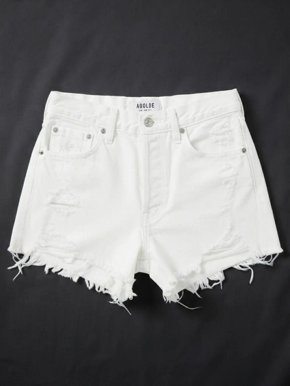 AGOLDE White Distressed Mid Rise Button Fly Denim Shorts Size 26 EUC Inseam 2
